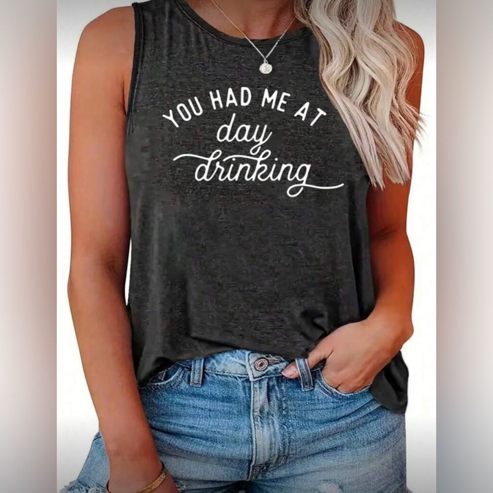 INAWLY Plus Tank Top Slogan YOU HAD ME AT Day Drinking Women Graphic Top 2XL